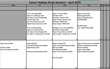 Easter holiday Study Support Sessions.